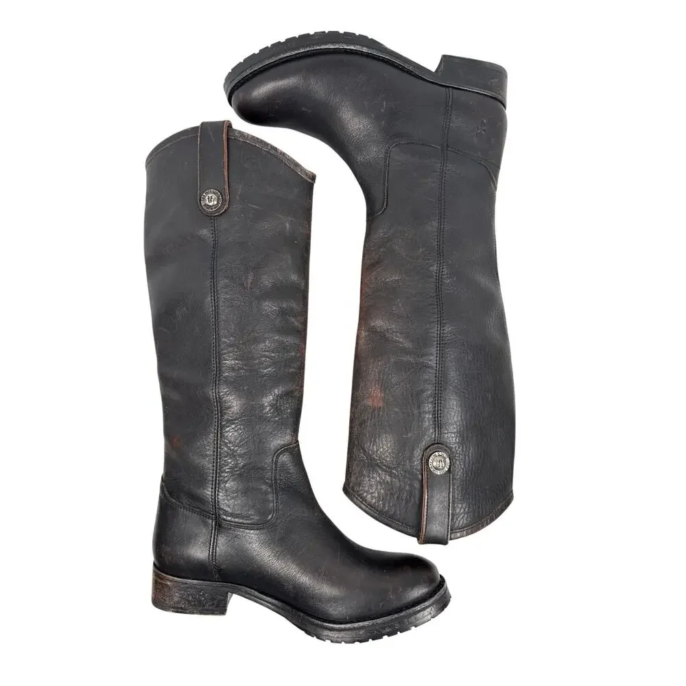 Frye Melissa Double Sole Button Lug Tall Boot Womens 6.5 M Black Antique Leather